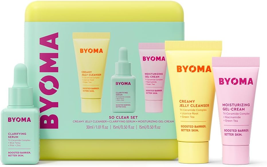 BYOMA So Clear Set - Barrier Repair Skincare Set for Acne Prone Skin - Creamy Jelly Cleanser, Clarifying Face Serum & & Gel-Cream Moisturizer - Unclogs Pores, Targets Blemishes - 30ml, 15ml, 15ml