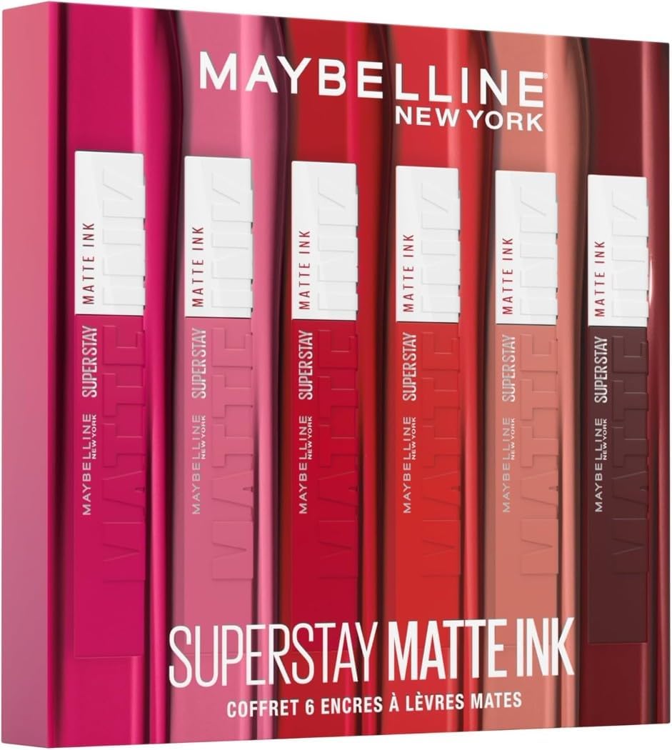 Maybelline New York - Exclusive Set of 6 Long-Lasting Liquid Lipsticks - Superstay Matte Ink - Shades: Lover (15)/Seductress (65)/Artist (120)/Dancer (118)/Pioneer (20)/Voyager (50)