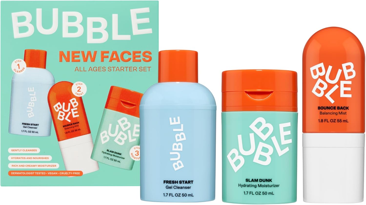 Kit de démarrage Bubble Skincare Nouveau soin visage pour tous les âges – Gel nettoyant, hydratant, tonifiant rafraîchissant