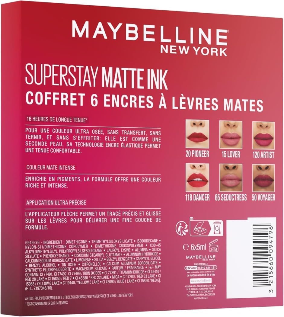 Maybelline New York - Exclusive Set of 6 Long-Lasting Liquid Lipsticks - Superstay Matte Ink - Shades: Lover (15)/Seductress (65)/Artist (120)/Dancer (118)/Pioneer (20)/Voyager (50)