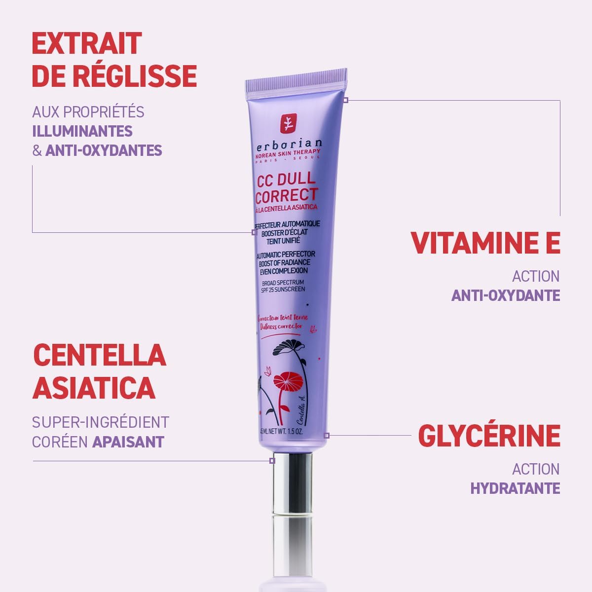 Erborian - CC Dull Correct - Soin Perfecteur Automatique de Teint - à Base de Centella Asiatica - Booster d’Eclat Illuminateur, Peau Unifiée - Crème Visage - Produit Coréen