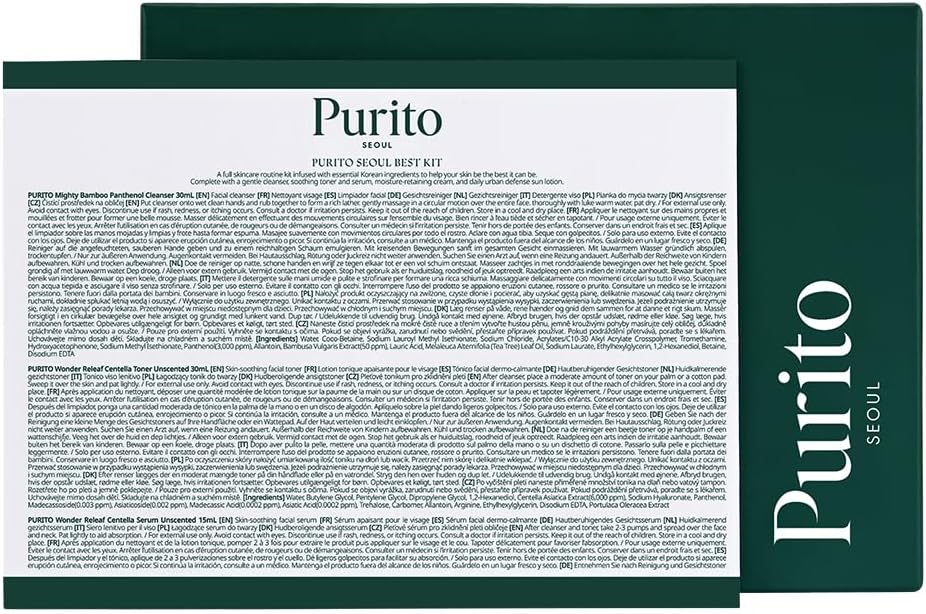 PURITO SEOUL Best Kit - Skincare Routine with Panthenol Cleanser & Cream, Unscented Centella Serum & Toner, Sun Lotion For All Skin Types, Gift Set, For Face, Facial Serum, K-Beauty, 3.52 fl. oz.